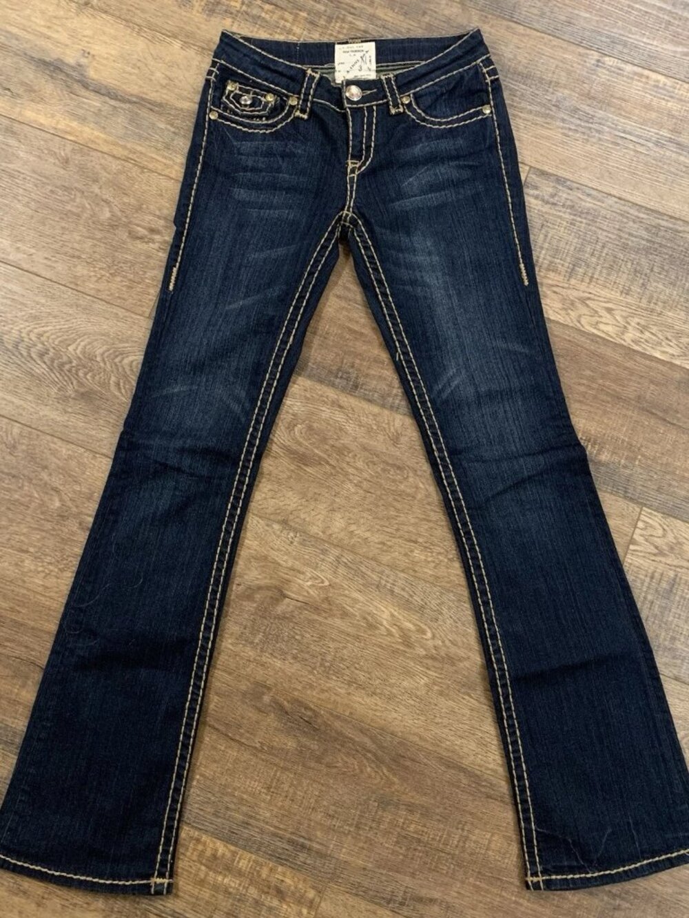 Y2K L A Idol USA Flare LOW RISE Jeans Jr's 3 Rope Stitch Flap Pocket Rhinestone